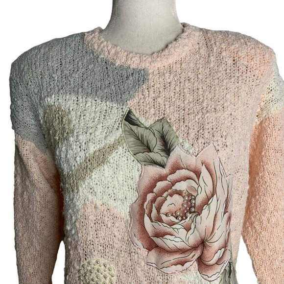 Vintage 80s Boucle Knit Sweater S Pink Embroidered Rose Applique Beaded Pullover - Picture 2 of 6